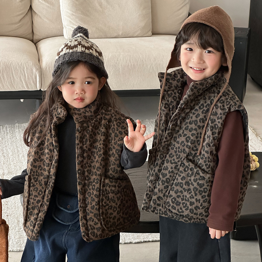Toddler Boy Winter Fleece Jacket - Çocuklar Leopar Baskı Yastıklı Yelek Kış